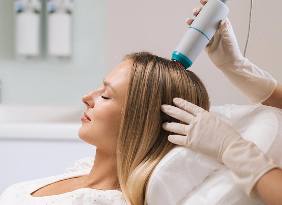 Especialista em couro cabeludo analisando com microscópio digital