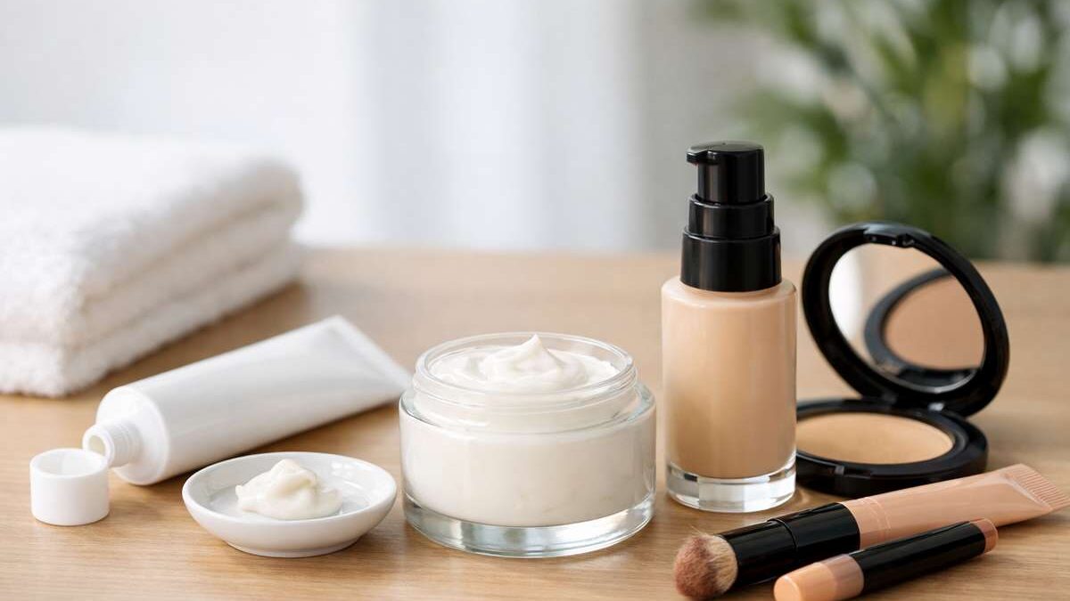 Diversos produtos de beleza sobre uma superfície de madeira, incluindo cremes, base e ferramentas de maquiagem.