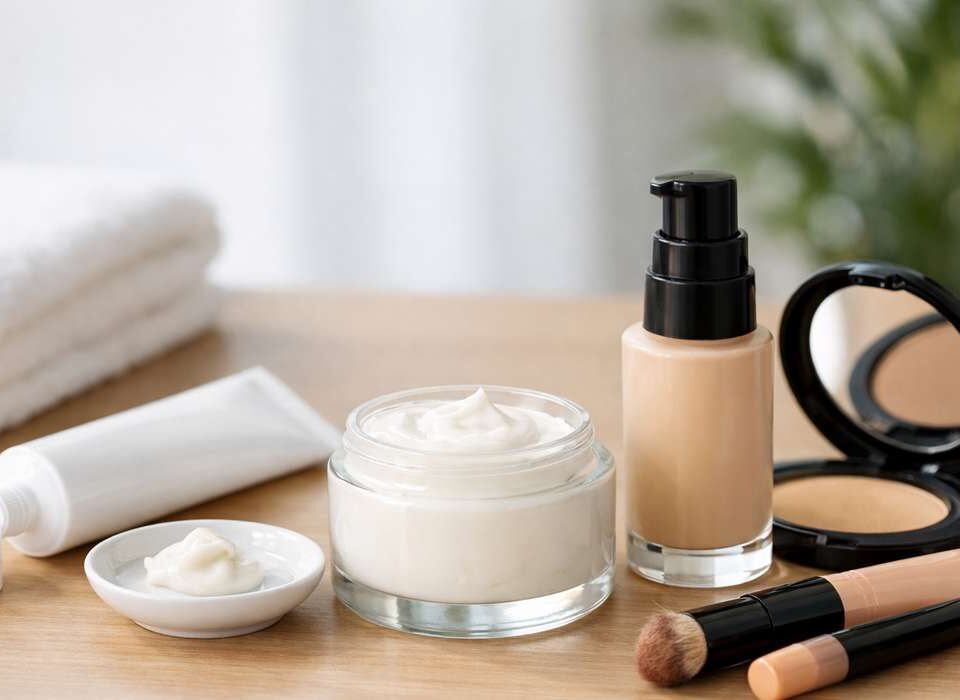 Diversos produtos de beleza sobre uma superfície de madeira, incluindo cremes, base e ferramentas de maquiagem.