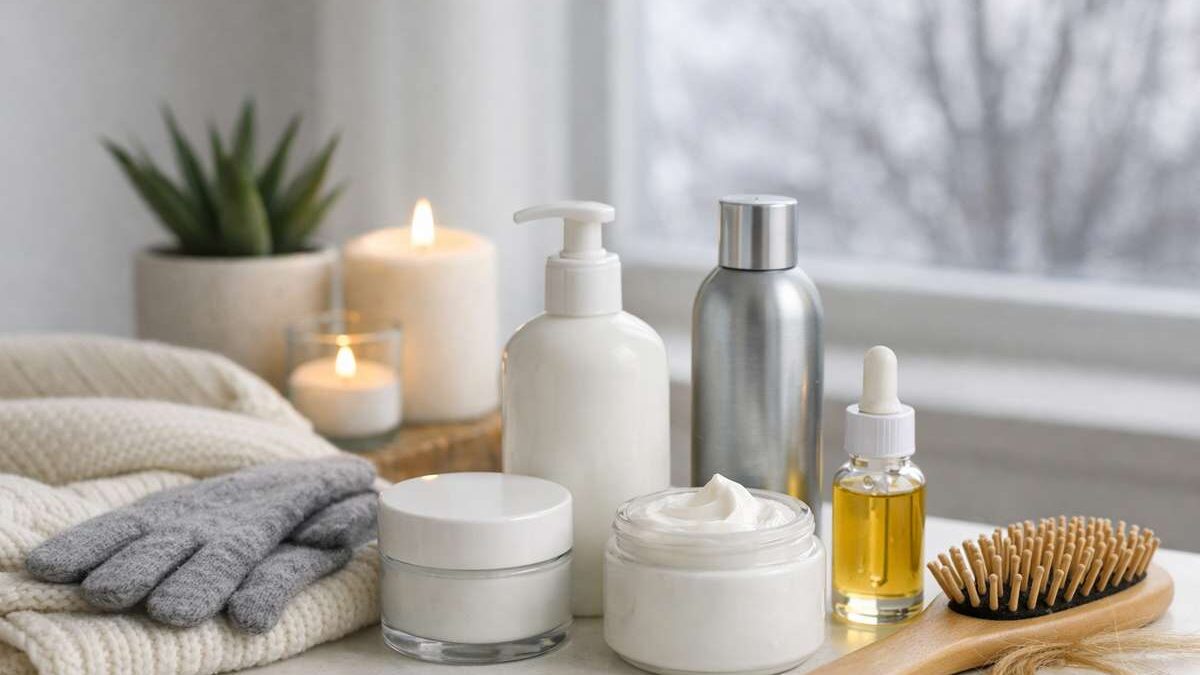 Produtos de cuidados pessoais dispostos sobre uma superfície com toalha, velas acesas e uma planta ao fundo.
