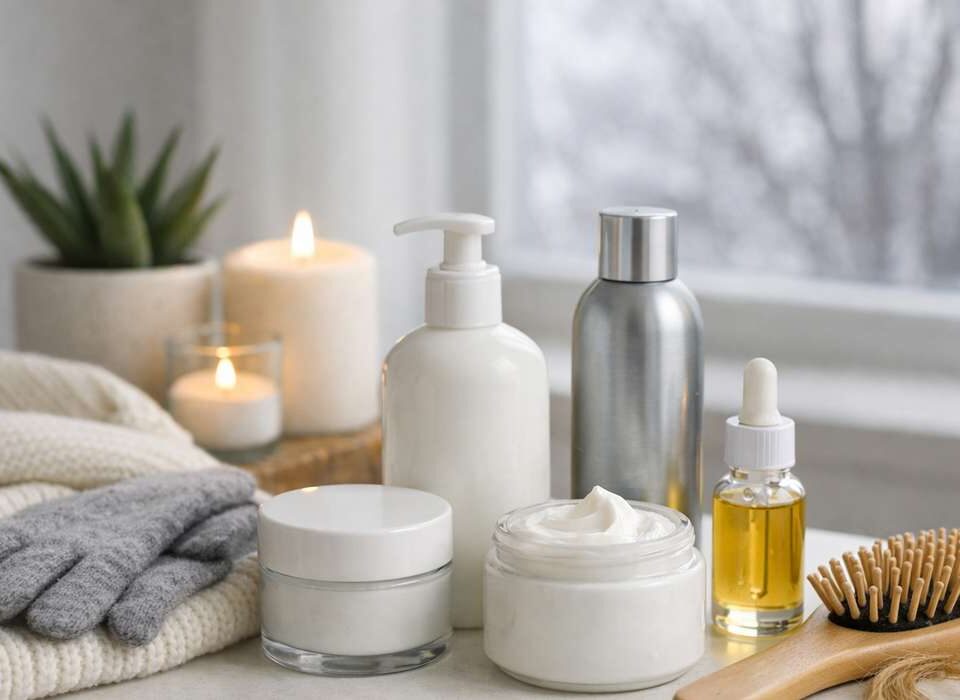 Produtos de cuidados pessoais dispostos sobre uma superfície com toalha, velas acesas e uma planta ao fundo.