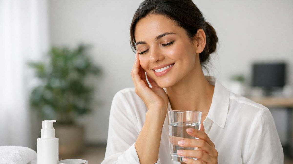 Mulher sorridente segurando um copo de água, com uma mão no rosto, em ambiente claro e relaxante.