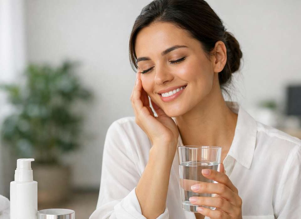 Mulher sorridente segurando um copo de água, com uma mão no rosto, em ambiente claro e relaxante.