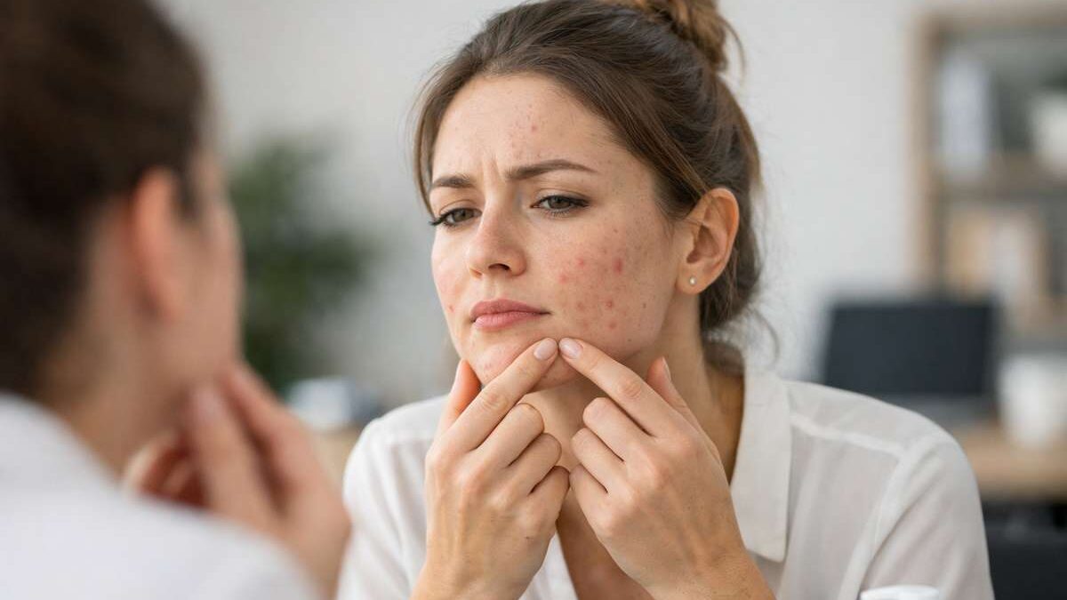 Mulher olhando para o espelho, tocando o queixo, com acne visível no rosto