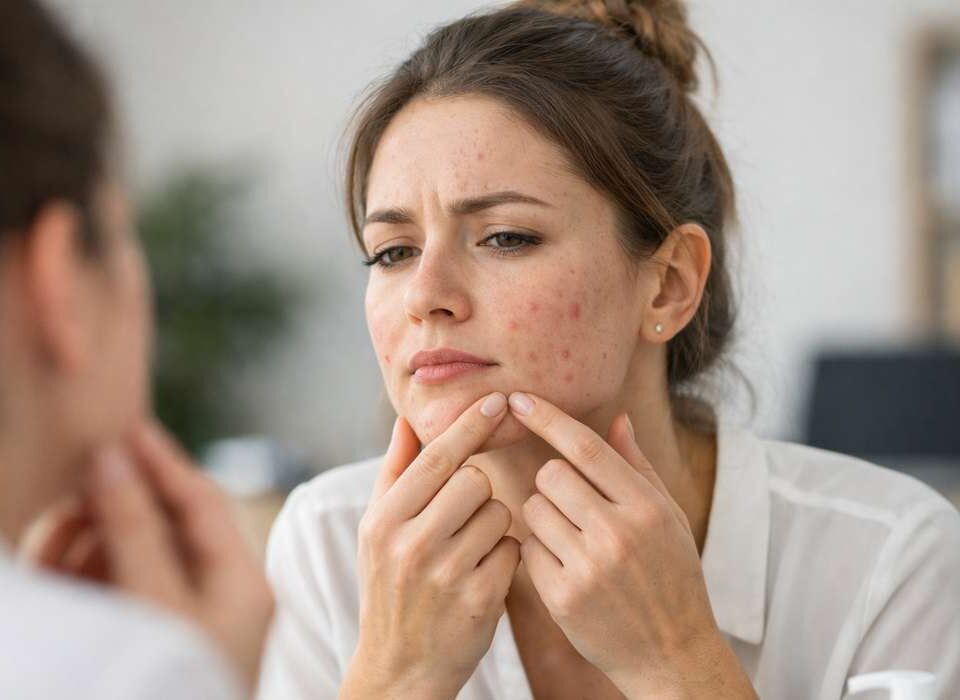 Mulher olhando para o espelho, tocando o queixo, com acne visível no rosto