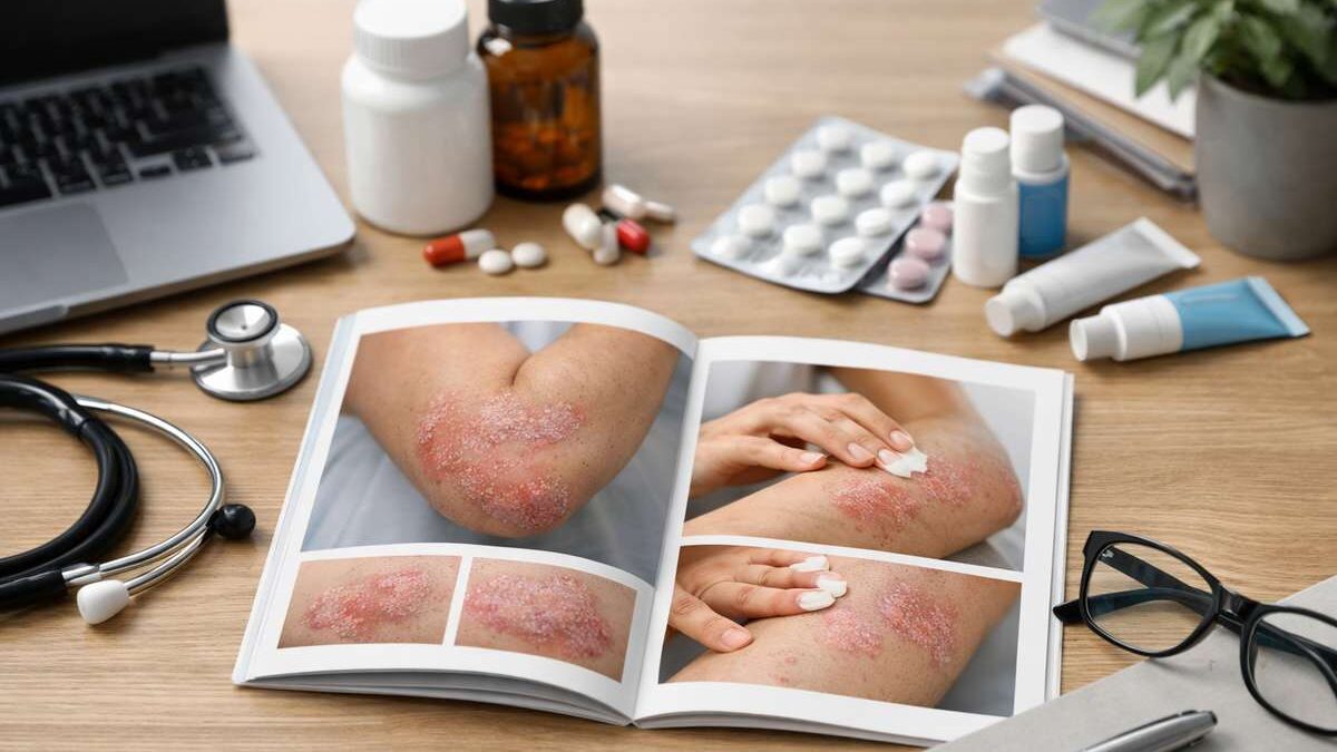 Pasta aberta com fotos de lesões na pele, ao redor medicamentos e um estetoscópio sobre mesa de trabalho.