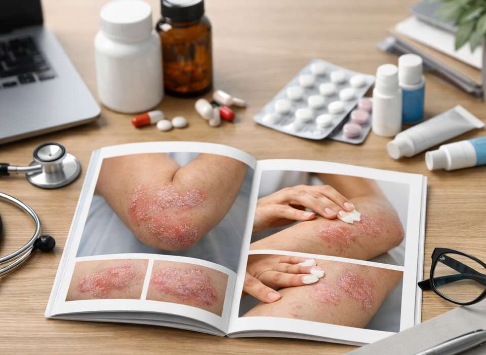 Pasta aberta com fotos de lesões na pele, ao redor medicamentos e um estetoscópio sobre mesa de trabalho.